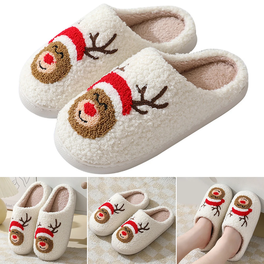 Christmas Fuzzy Indoor Slippers Cozy Elk Plush Closed Toe Slippers Soft Plush Slip-on House Shoes Thick Sole Household Supplies