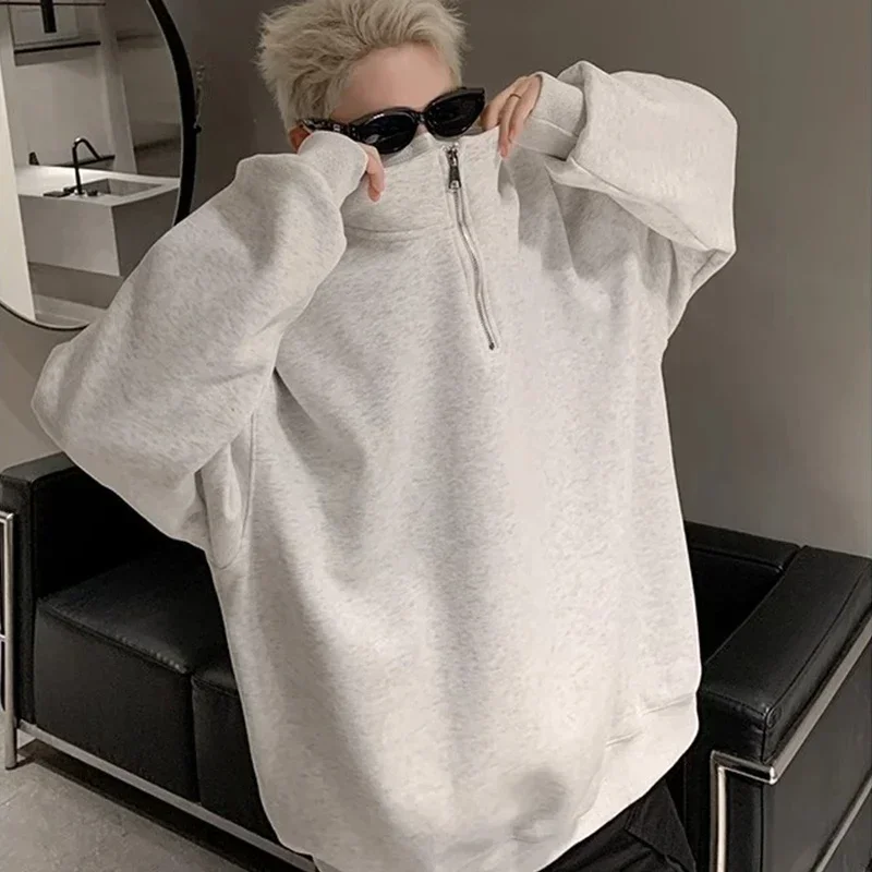 Korean Fashion Half-zip Sweatshirts For Men Spring Stand-up Collar Pullover Hoodies Y2K Vintage Solid Tracksuit