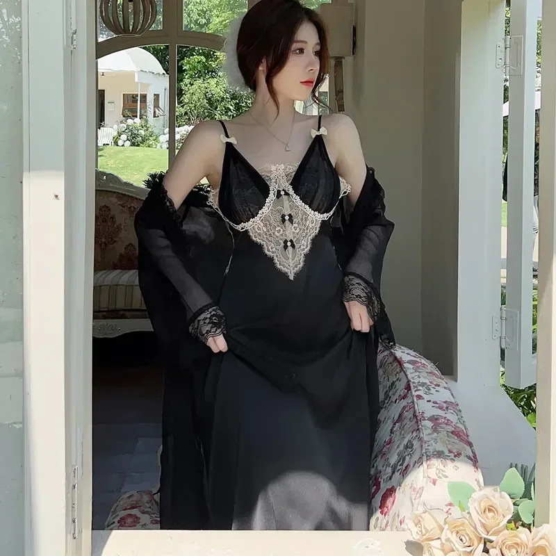 

Lace Bathrobe 2PCS Summer Women Satin Dress Suit Nighty&Robe Gown Loungewear Home Nightgown Silky Sleepwear Set