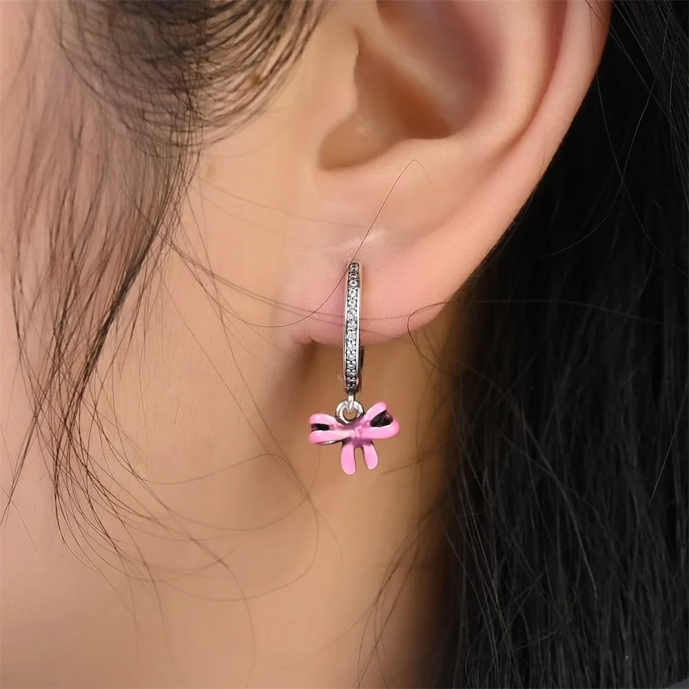 925 Sterling Silver Sparkling Pink Bow Stud Earrings & Pav&eacute; Dangle Hoop Earrings For Girl Sweet Romantic Jewelry Gift Hoop Earrings Silver Earrings Silver Stud Earrings Silver Hoop Earrings Womens Earrings Silver Dangle Earrings