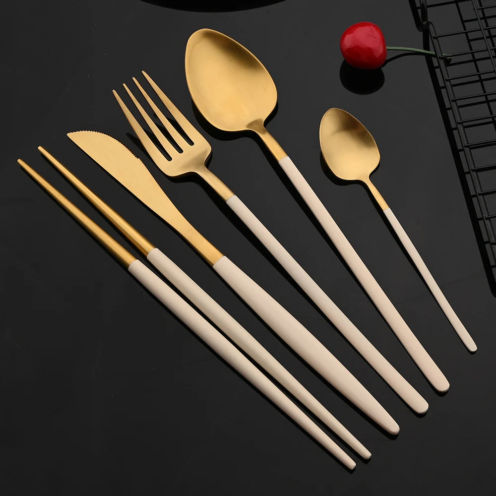 5Pcs Beige Gold 304 Stainless Steel Flatrware Knife Fork Spoon