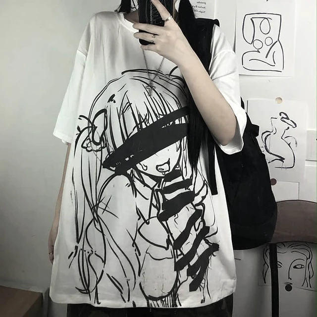 Camiseta Feminina Larga Coreana Anime Kawaii Punk Rock / Roupas