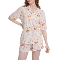 Women Fruit Print Pajamas Set Breathable Long-Sleeved Shorts Set Casual Loungewear Suit for Living Room Bedroom Hotel Travel