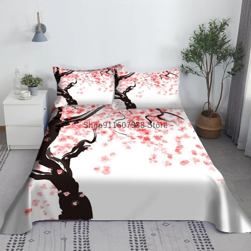 

Pink Flowers Bed Sheet Set 3D Printed Tree Bed Flat Sheet With Pillowcases For Adults Kids Bedding Queen King Size Dropshipping