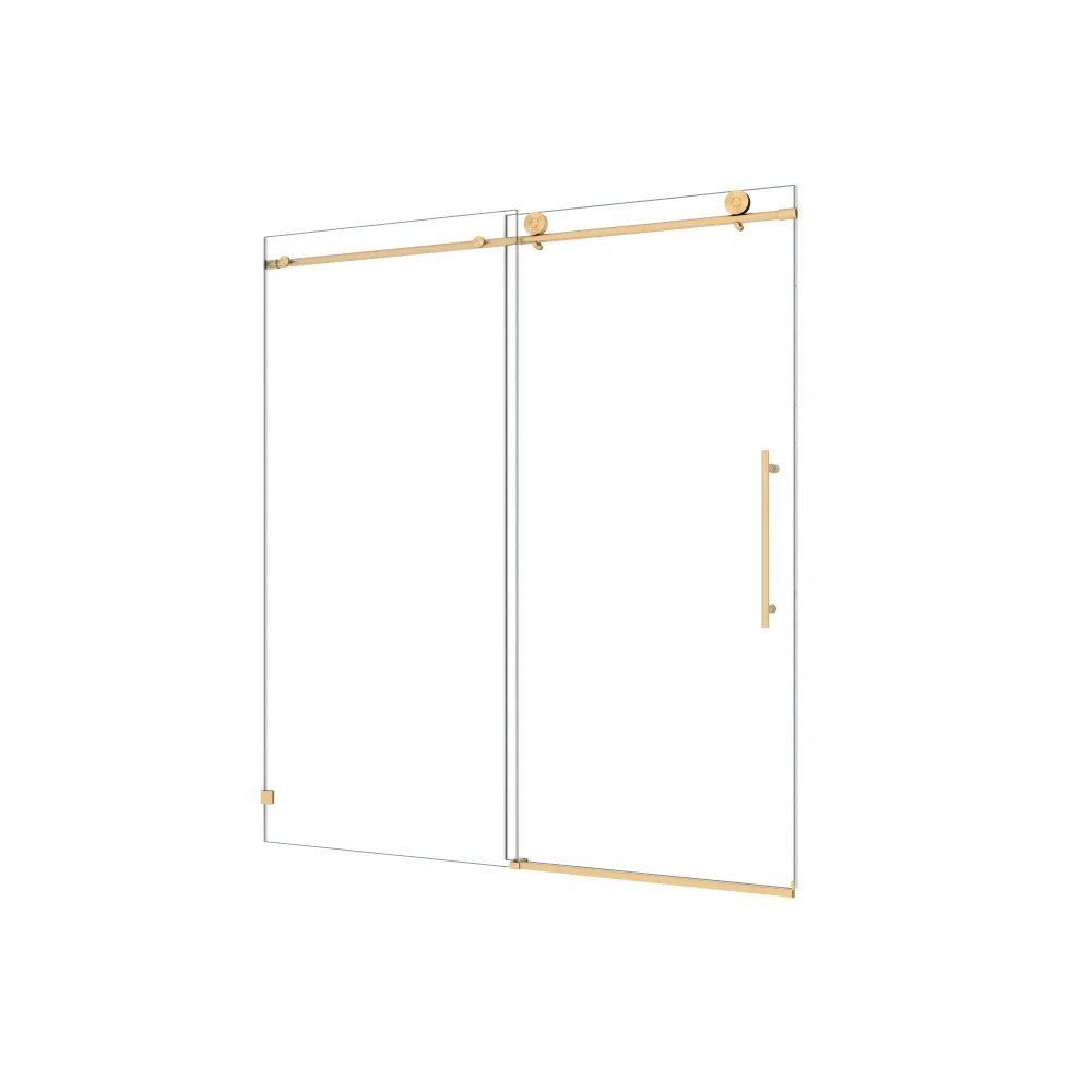 6076 Brushed Gold frameless one fixed and one shifted Shower Door,70MM 304 stainless steel large pulleys with adjustable 2