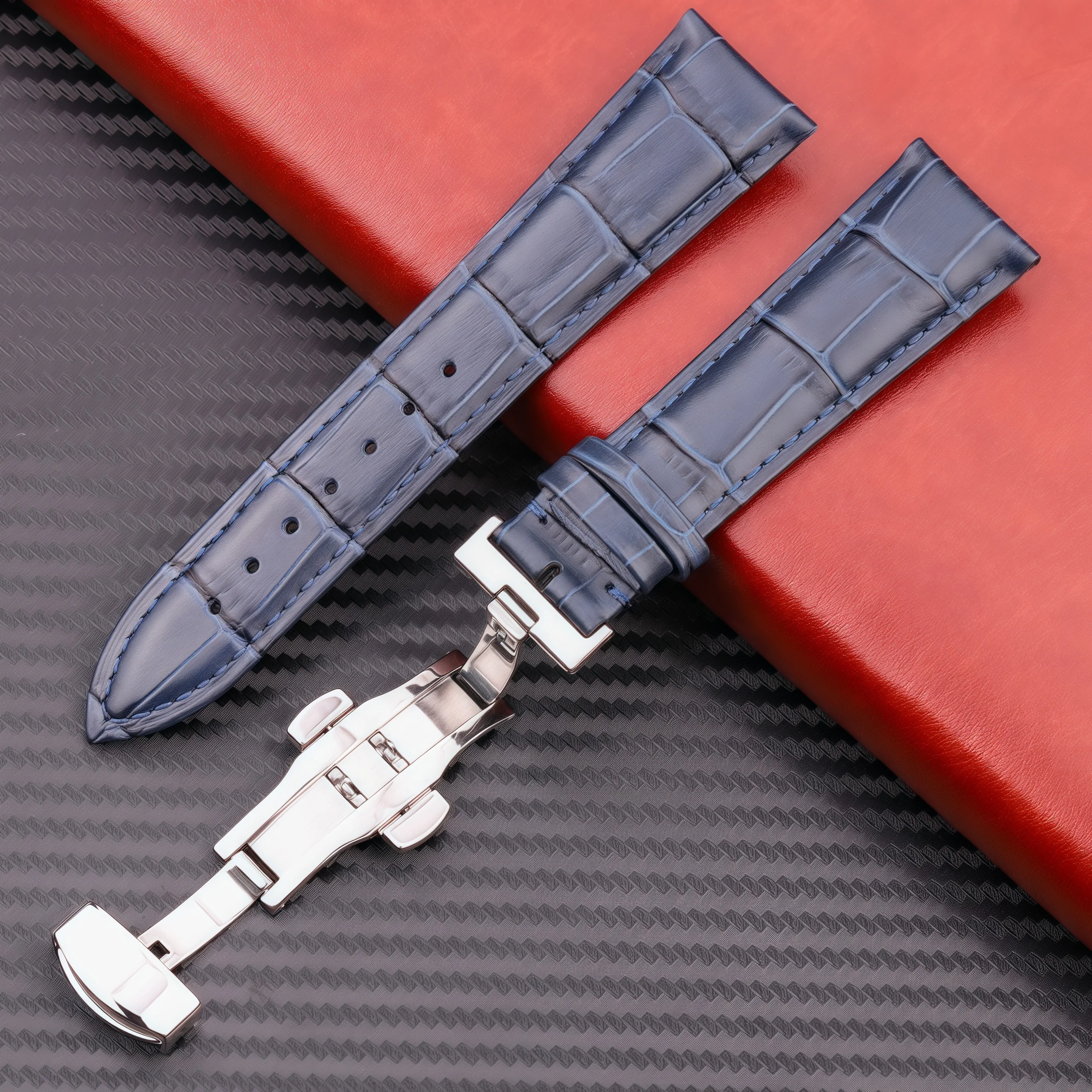 Premium Genuine Top Grain Leather Watch Band with Deployment Clasp, Universal Size 18-24mm