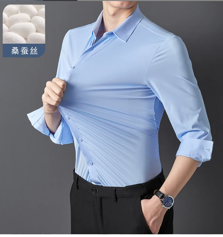 New autumn and winter silk shirt, men's long sleeve, high elasticity, no iron, no trace, solid color, business and leisure