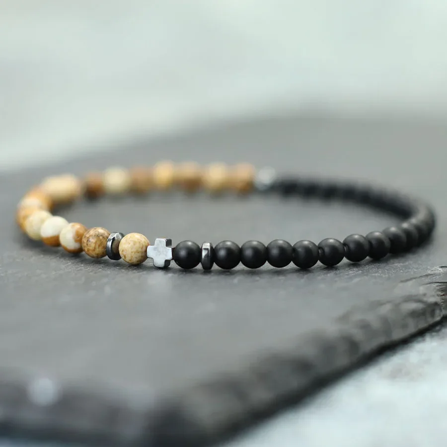 Neue Einfache Kreuz Armband Männer Natürliche 4mm Türkisen Phoenix Onyx Fossil Stein Elastische Armband Freizeit Heilung Homme Hand Joias – Detail 7