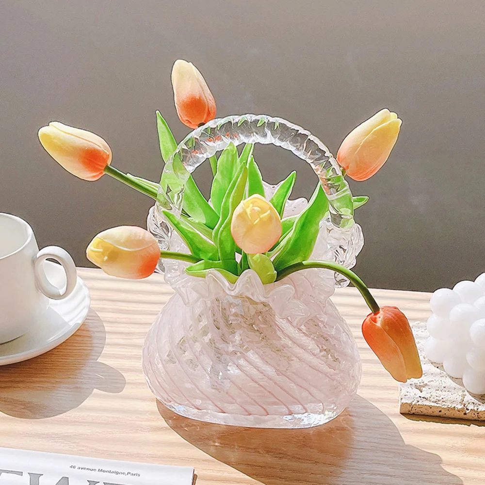 

Pink Basket Vase Creative Spray Flowerpot Hydroponic Vase Unique Vases Dining Table Decoration Glass Vase Modern Home Decor Gift