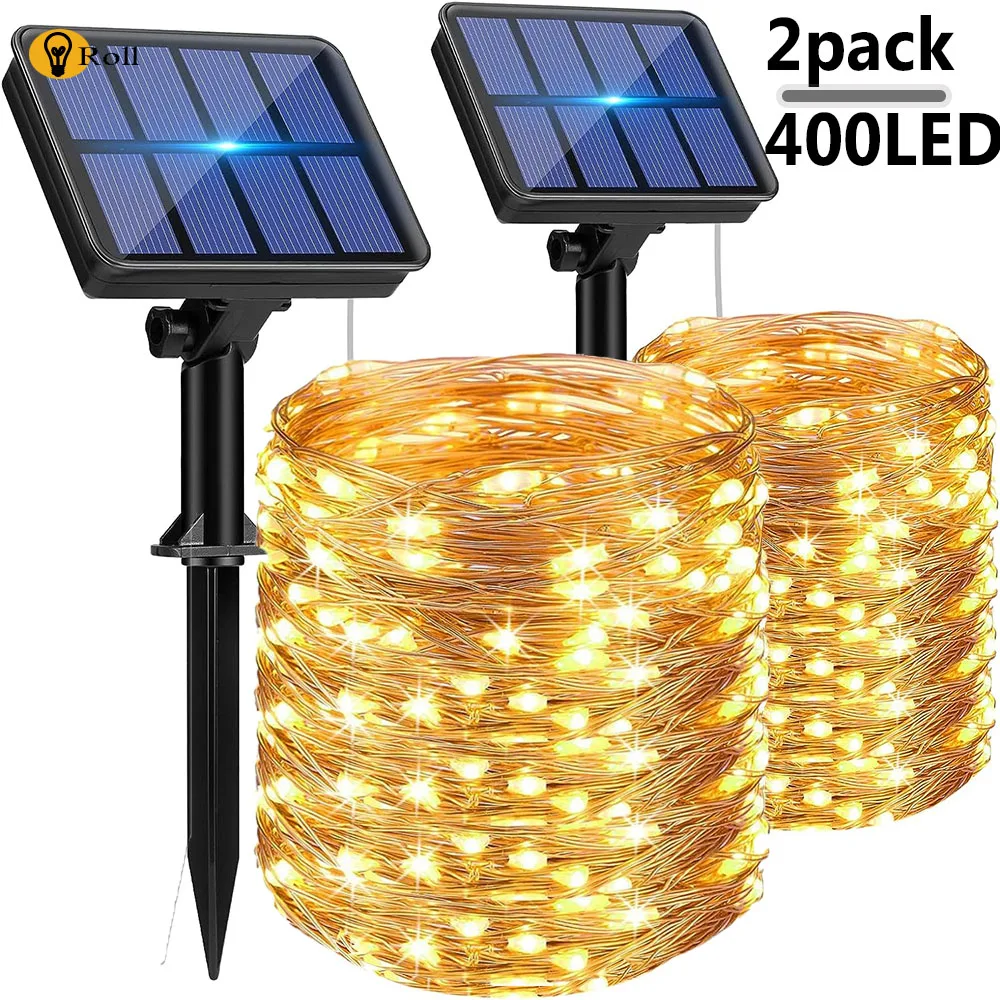 2 Pack Solar String Lights Outdoor 98FT Solar Fairy Lights Waterproof 8 Modes Copper Wire for Outdoor Wedding Trees Xmas Decor