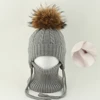Children Knitted Wool Hat Neck Set 2PCS Real Raccoon Fur Pompom Beanie Girl Boy Winter Warm Fleece Kids Outdoor Earflap Baby Cap