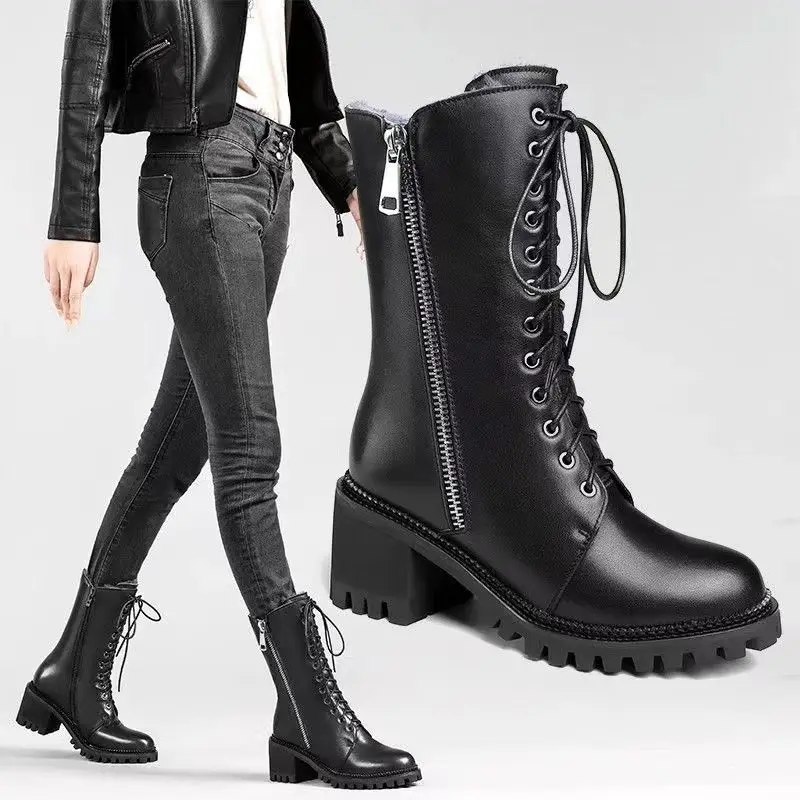 2024 New Winter Motorcycle Boots Buckle Women British Style Mid-calf Women's Short Boot Gothic Square Heel Women Shoes Plus Size
