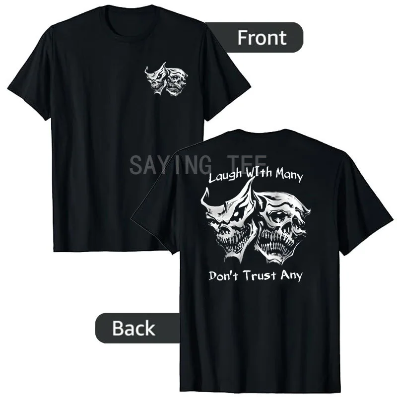 Lustiges T-Shirt mit Aufschrift „Lachen Sie mit vielen, die keine vertrauen“ im Retro-Stil, Y2K Gothic Skelett Witz Sarkastischer Spruch, Neuheit Geschenk, Kurzarm-Oberteil