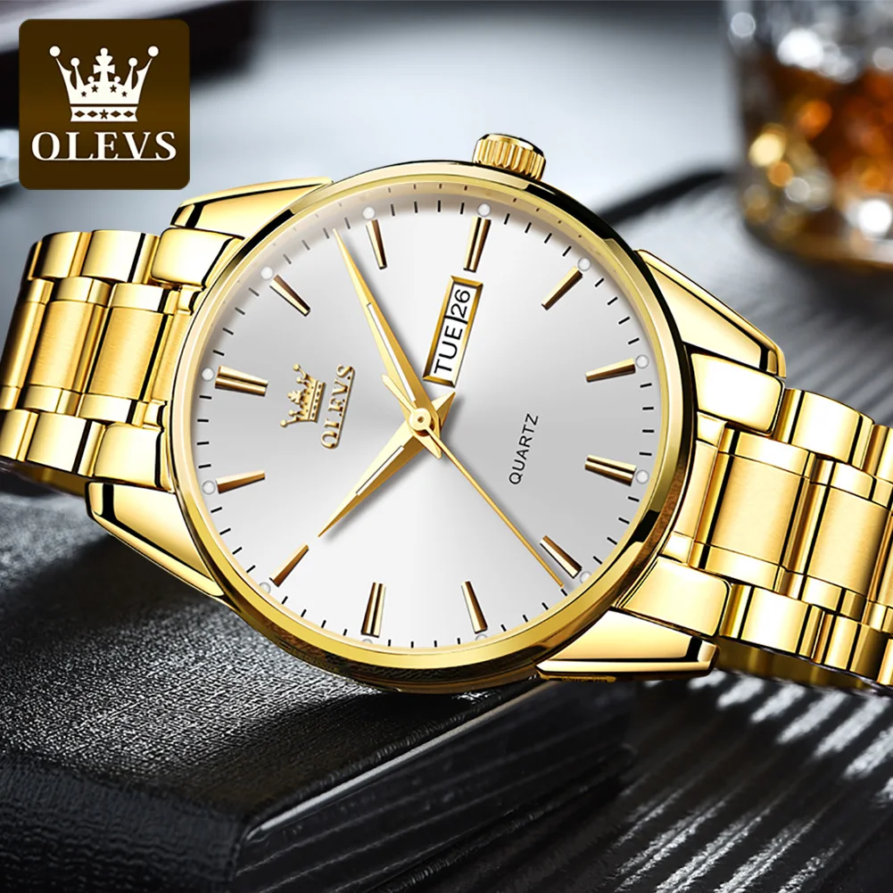Olevs Men Watches Waterproof Stainless Steel Quartz Male Wristwatch Gold Watch Fashion Luminous Luxury Calendar Business Clock, Alina Gadgets
