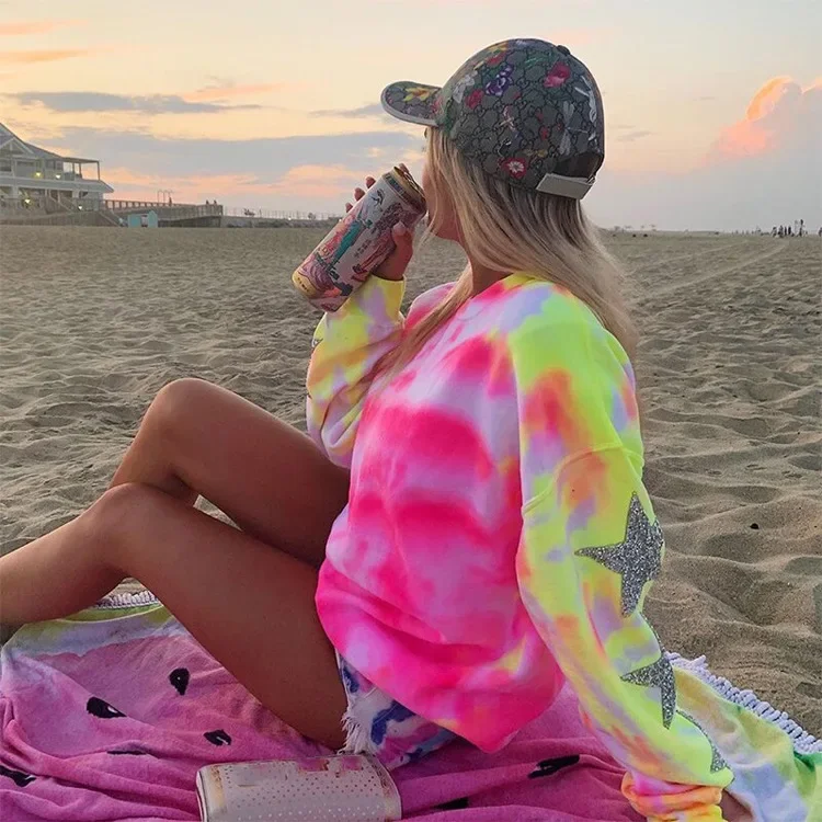 2023 New Women Casual Tie Dye Printing Crewneck Harajuku Sweatshirt Loose Streetwear Y2k Long Sleeve Hoodies Plus Size Clothing new oversized printing hoodie sweater high street loose american plush thickened couples goth harajuku hoodies women sweatshirt