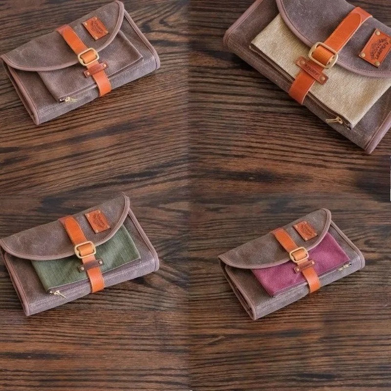 두꺼운 캔버스 소가죽 액세서리 순수 구리 하드웨어 레트로 스타일 보관 가방 야..