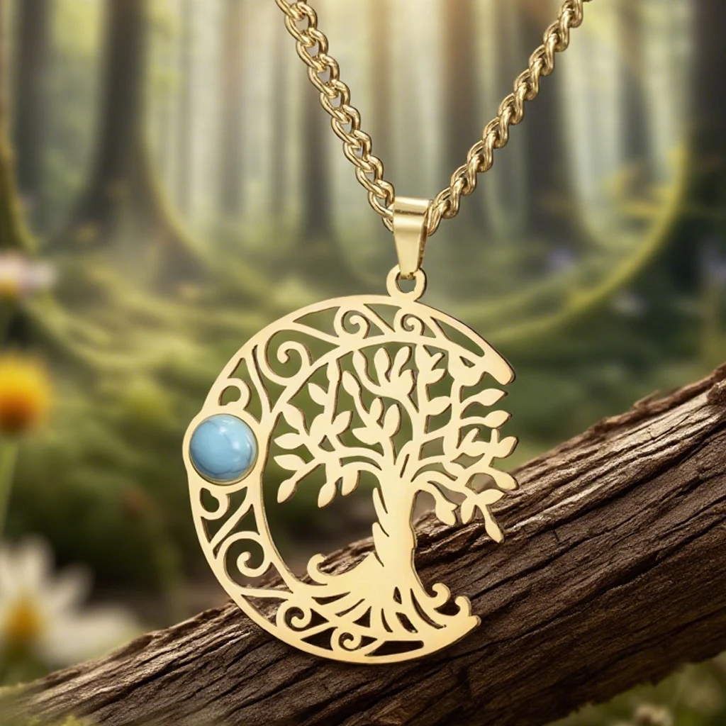 Dawapara Vintage Türkis Halbmond Baum des Lebens Halskette Filigran Celtics Mond Wicca Anhänger Edelstahl Schmuck