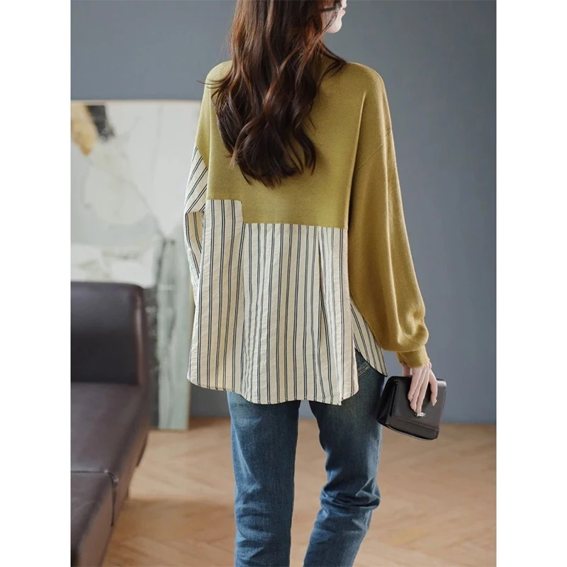 Spring Autumn New Striped Patchwork Sweatshirt Shirt Female Loose Casual All-match Irregular Pullover Fake Two Pieces Top Women