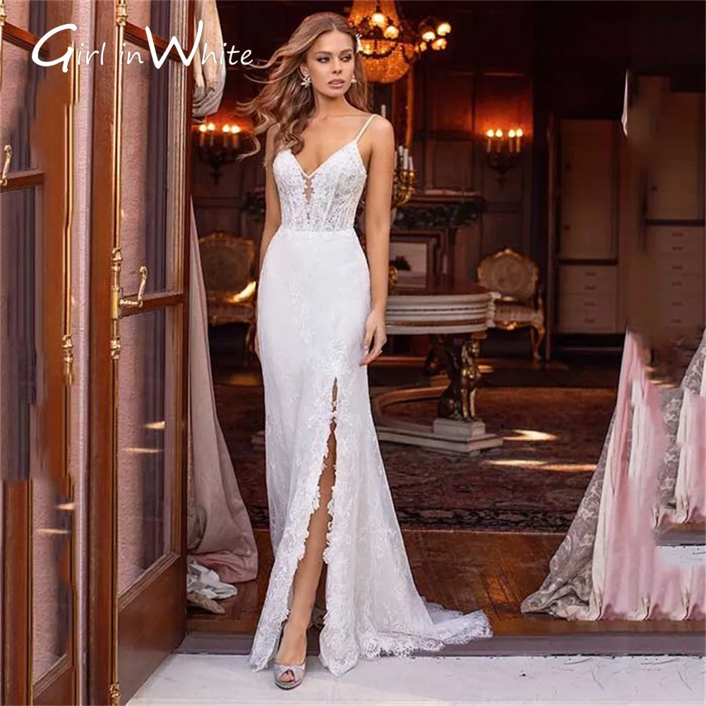 Classic Spaghetti Strap Wedding Dresses V Neck Sleeveless Bridal Gowns Applique Front Slit Floor Length A-Line Customized