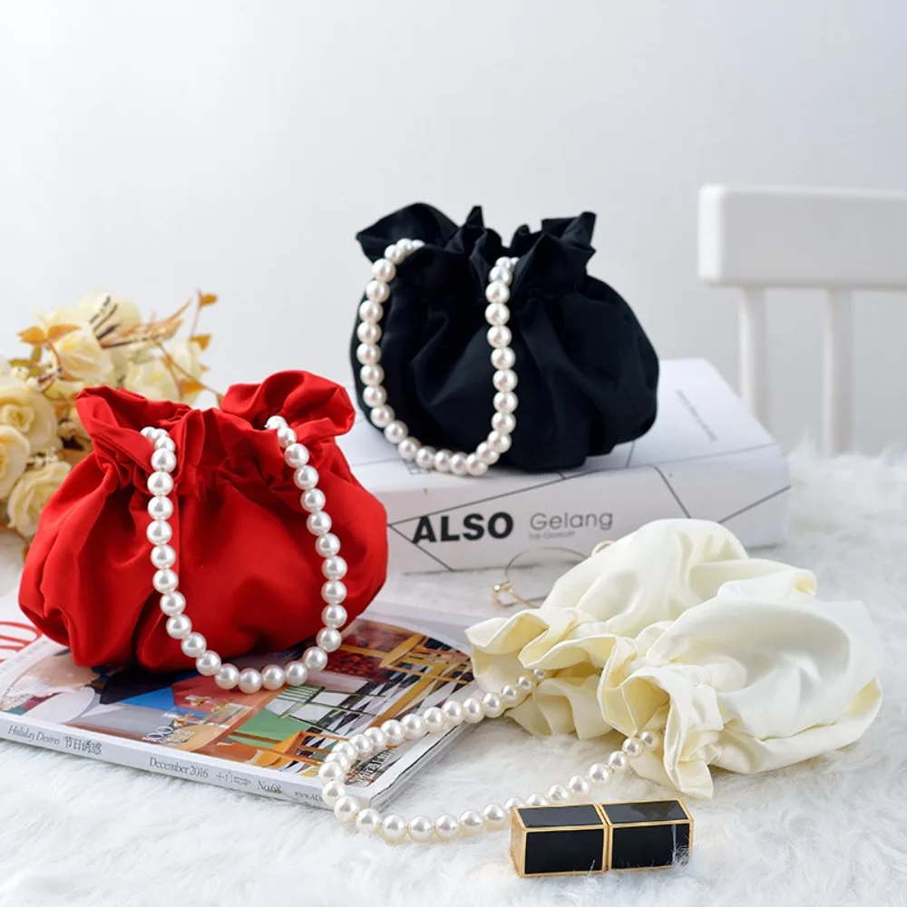

Pearl Chain Women's Handbags Casual Lightweight Buckle Bucket Bag Silk Fabrics Mini Bag Ladies