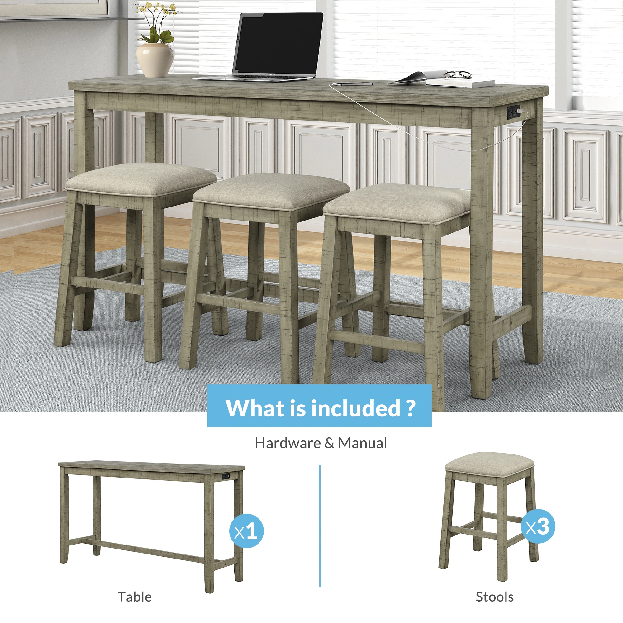 4 Pieces Counter Height Table with Fabric Padded Stools, Rustic Bar Dining Set with Socket, Gray Green