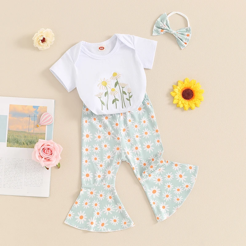 

Baby Girl Casual Set Short Sleeve Romper with Daisy Pattern Flare Pants and Headband 3 Pcs Outfit