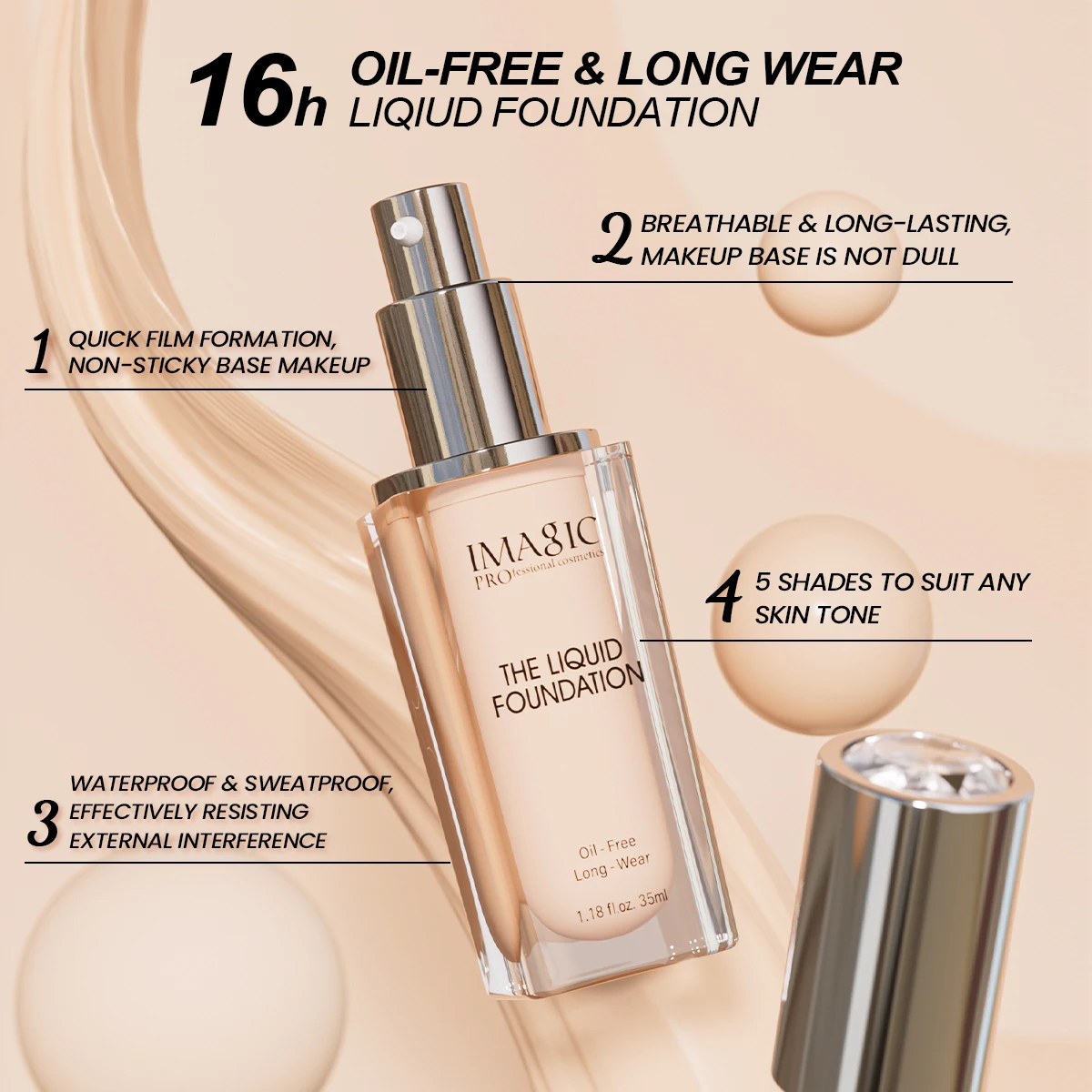 IMAGIC 5-Color Face Liquid Foundation Base Full Coverage Oil-Control Long Wear Smooth Lightweight Natural Cover Waterproof Matte
