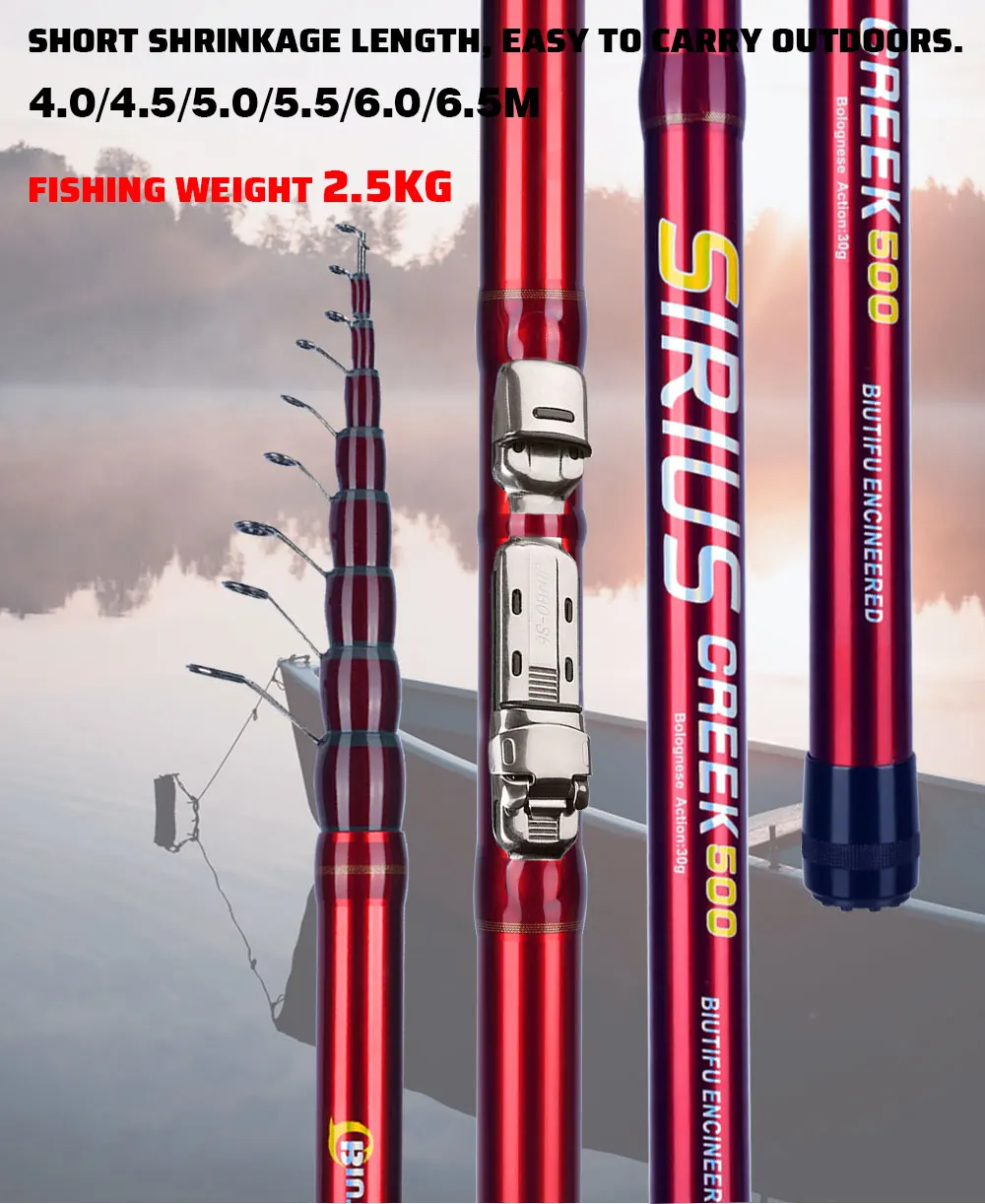 BIUTIFU Teleskop-N Bolognese-Angelrute 4/4,5/5,0/6,0/6,5 m T800Carbon Travel UltraLight 30 g Float Forelle Spinning Cast Rock Pole – Detail 1