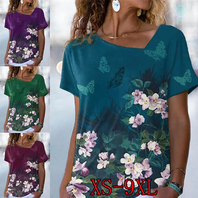 

Women's Summer Fashion Floral Print Casual T-Shirt Loose Plus Size Soft and Comfortable Diagonal Collar New Top XS-9XL