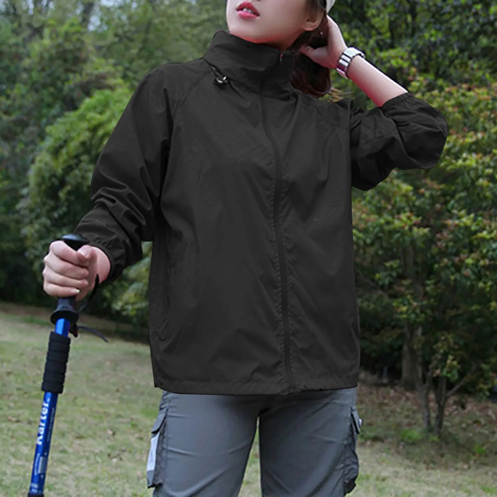 Fashionable solid-colored hooded waterproof windbreaker jacket for outdoor sports, climbing, and casual wear. black 2335648