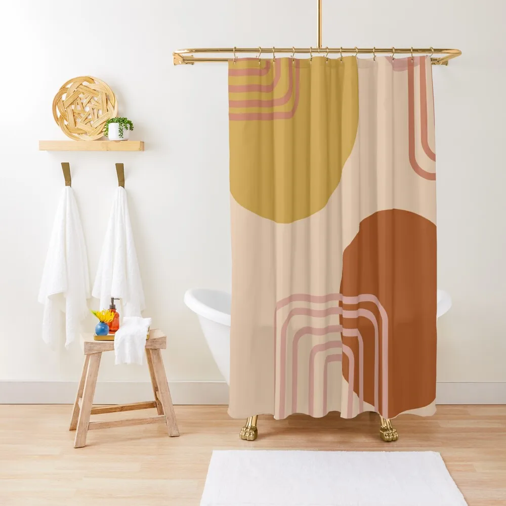 

Mid Century Modern Shapes and Lines in Desert Terracotta and Mustard Yellow Shower Curtain Curtains For Bathrooms