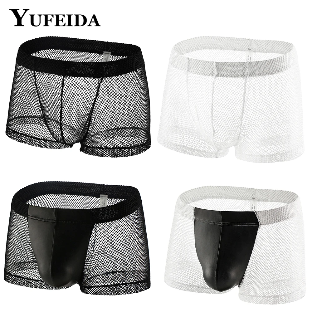 

YUFEIDA Men Fishnet Sexy Boxers Transparent Black Underwear Mesh Boxer Shorts Man Breathable See Through Low Rise Male Lingerie