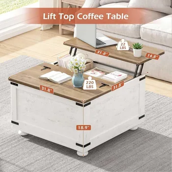 White Farmhouse Coffee Table with Storage, Square Lift Top Coffee Table with Hydraulic and Wood Gourd Feet for Living Room, Whit 2