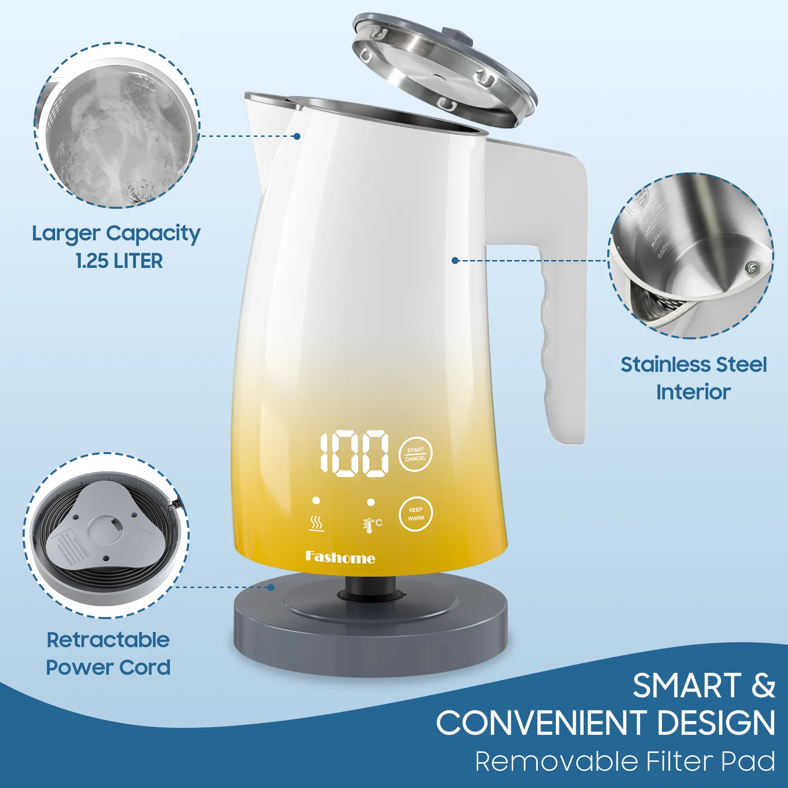 1200W Electric Kettle Temperature Control, Coffee Tea Electric Pot Water Kettle, 2 Hour Keep Warm, Automatic Power Off, Digital Display, 304 Stainless Steel Liner, 1.25L Capacity 4