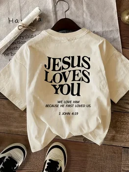 2026 New Women's Round Neck Fashionable Letter Cartoon Print Fashion Short Sleeve Casual T-Shirt Jesus Loves You Round Neck Tee 1