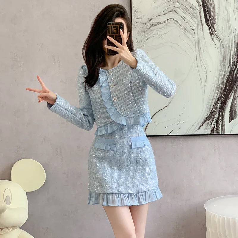 

Women's autumn and winter tweed 2 pcs set short jacket+short skirt new small fragrance set