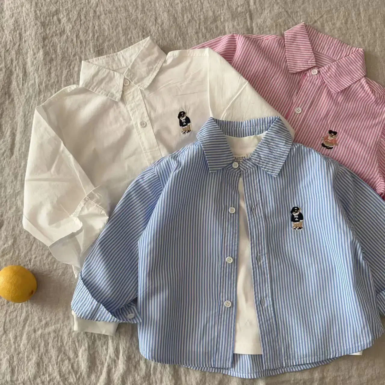 Children's Striped Bear Embroidery Shirt kids shirts Spring Summer for Boys Girls