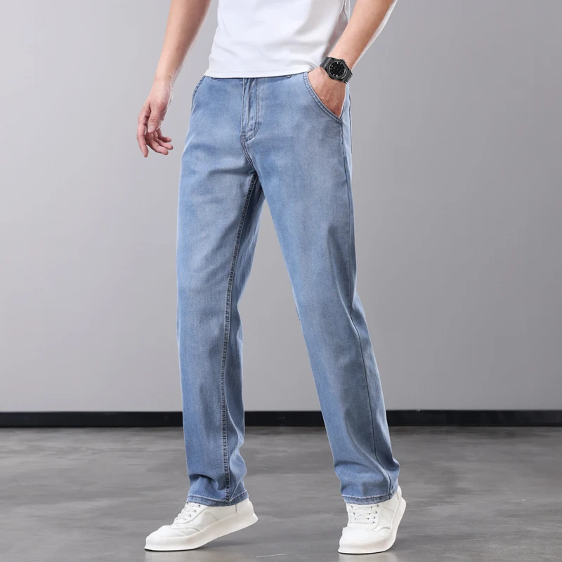 Summer Men Jeans Lyocell Fabric Soft Breathable Straight Denim Elastic Casual Trousers