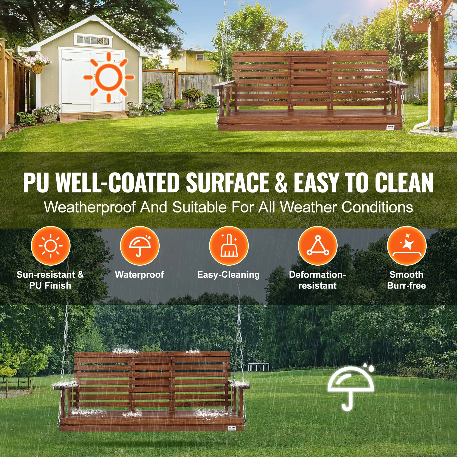 VEVOR Outdoor Porch Swing 5ft  Wooden Patio Bench Swing Garden Heavy Duty Swing Chair with Hanging Chains Upgraded 880lbs Load 3
