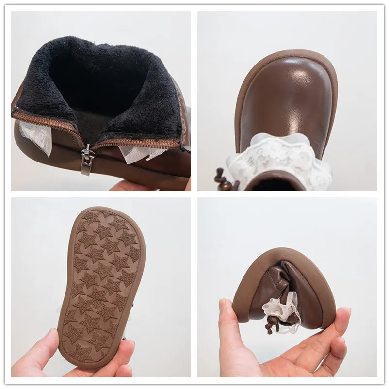 Leather Kids Fleece Boots for Girls with Lace Bowknot