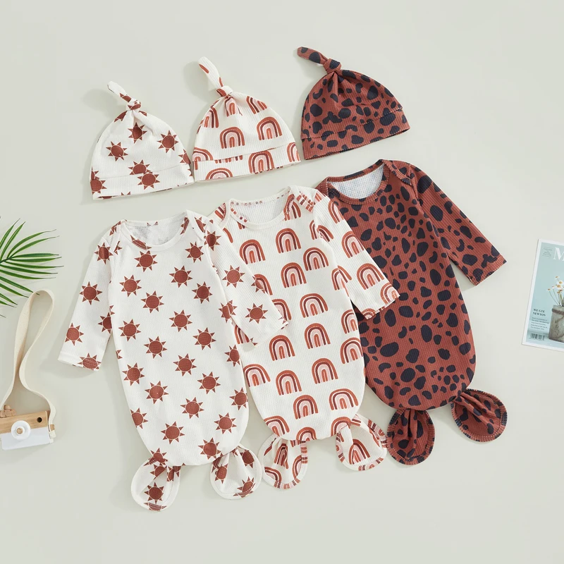 Baby Knotted Gown with Hat Set, Soft Newborn Sleep Sack Swaddle Hat Set for Boys Girls
