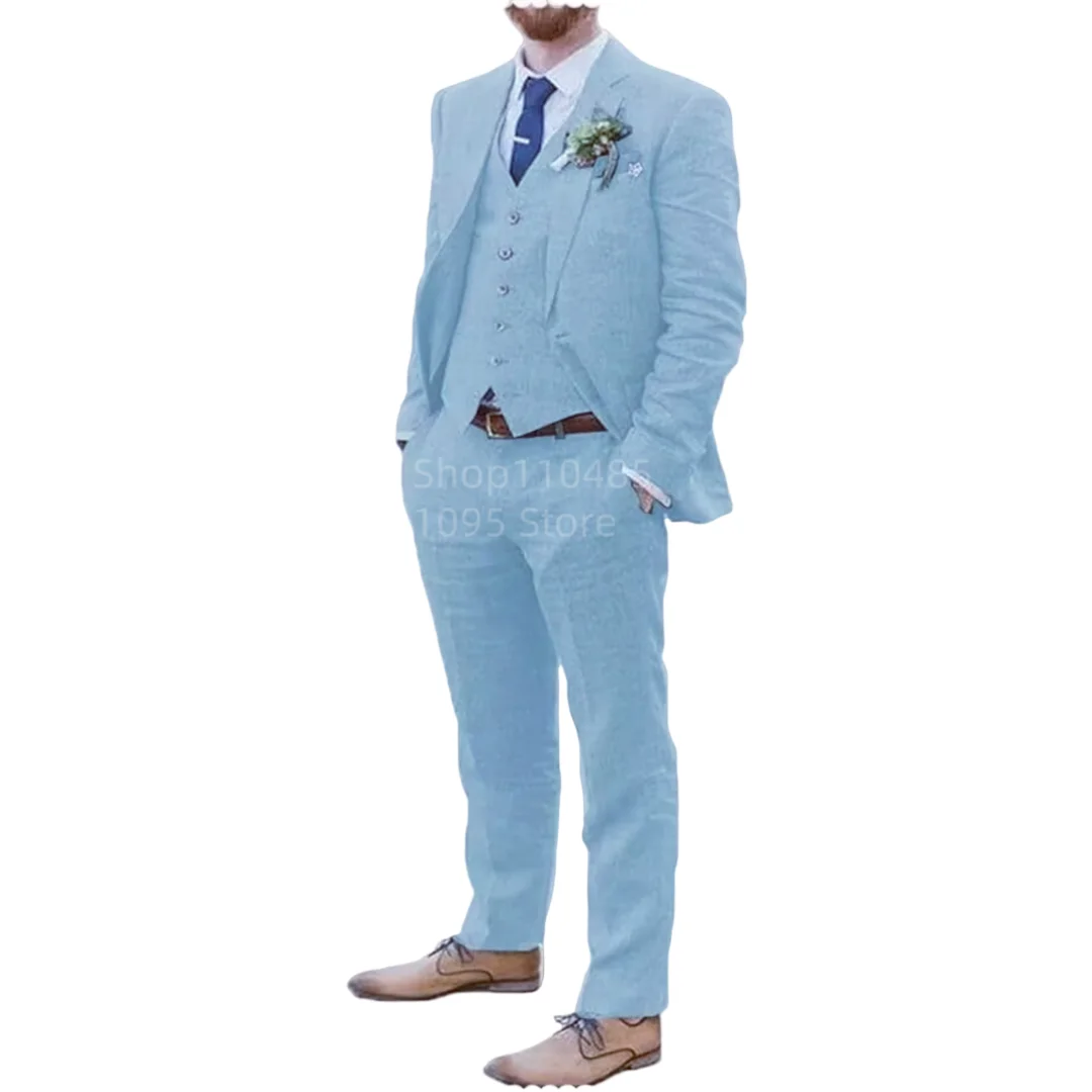Beige/Blue Linen Suit for Men 3 Pieces Slim Fit Formal Wedding Prom Tuxedos Set Best Man Groom Costume Homme New Design Suits