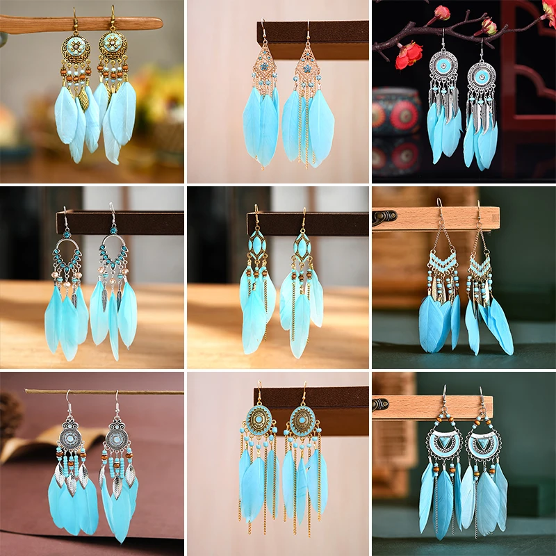 Orecchini Pendenti Con Piume Blu In Stile Etnico Classico Per Le Donne Orecchini Geometrici Con Olio A Goccia Lunga Boho Retrò Gioielli Da Sposa Da Vi