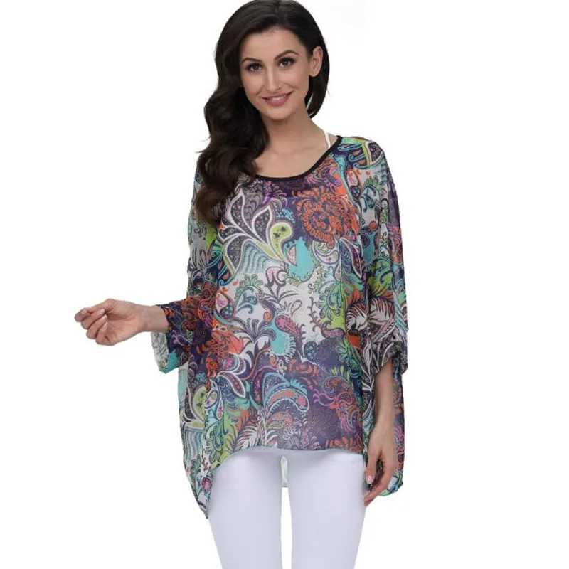 Floral Green Black Women's Batwing-Sleeved Blouse T shirt