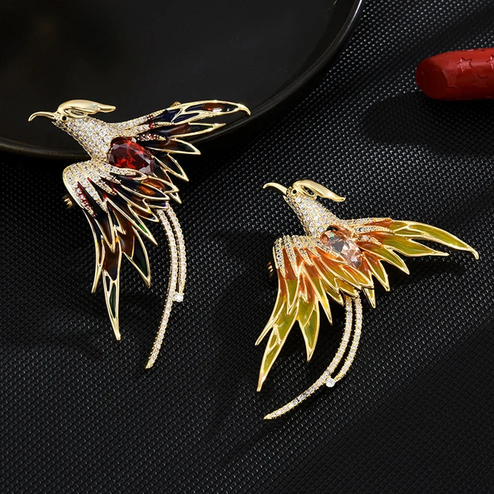 Colorful Enamel Phoenix Bird Brooch Five Color Crystal Animal Jewelry Banquet Party Brooches Birthday Gifts for Women