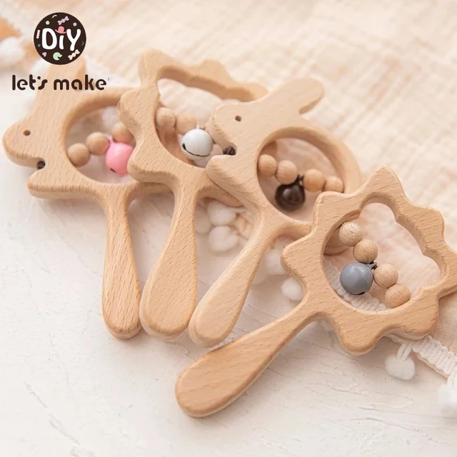 1PC Baby Wooden Rattle Handbell Toy Beech Animal Hand Teething Teether Ring Makes Sound Montessori Educational Baby Care Toy 1