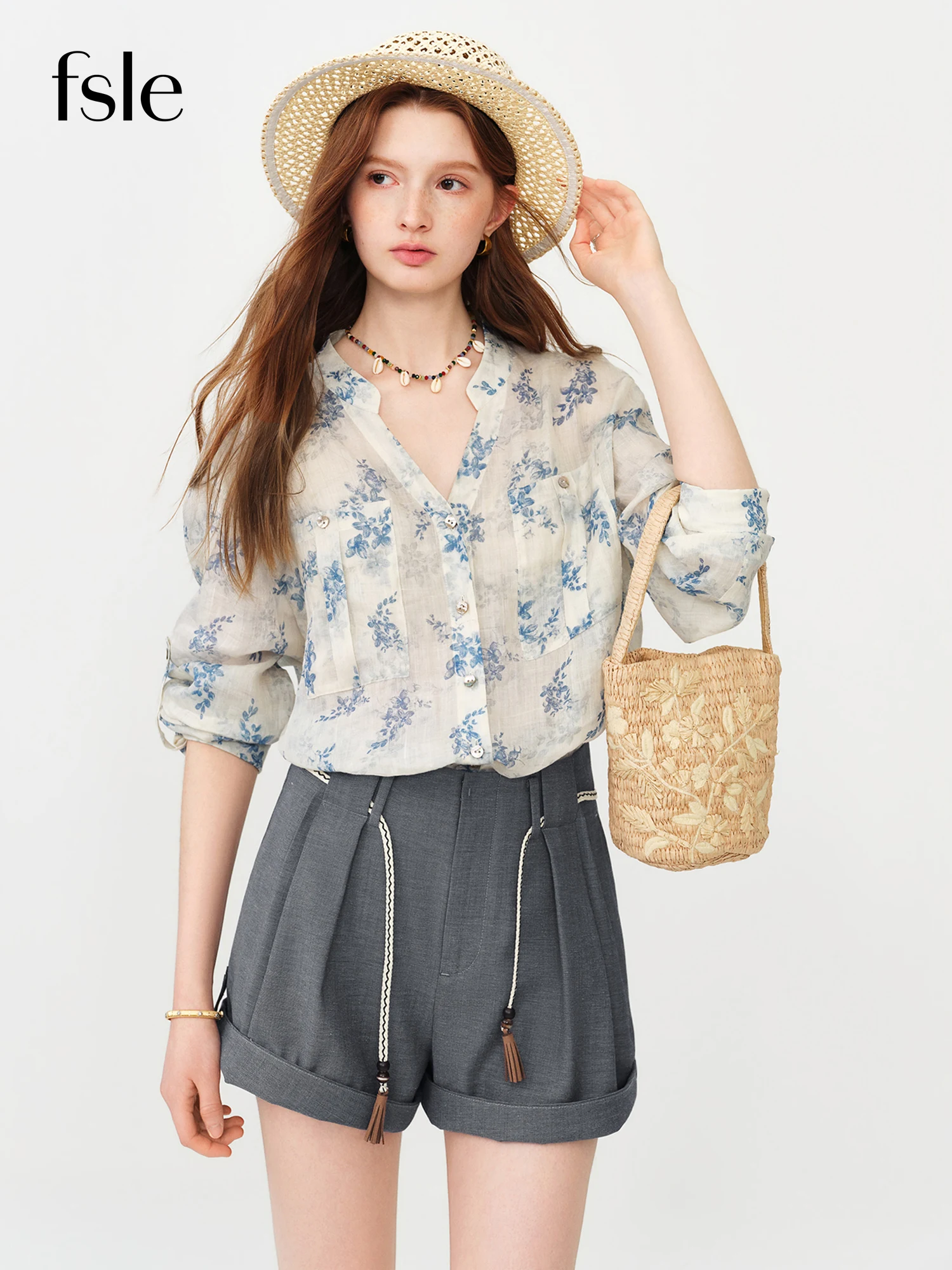 FSLE 2026 Summer Women's Long Sleeve Floral Print V-Neck Shirt - Relaxed Fit Casual Blouse for Daily and Summer Layering