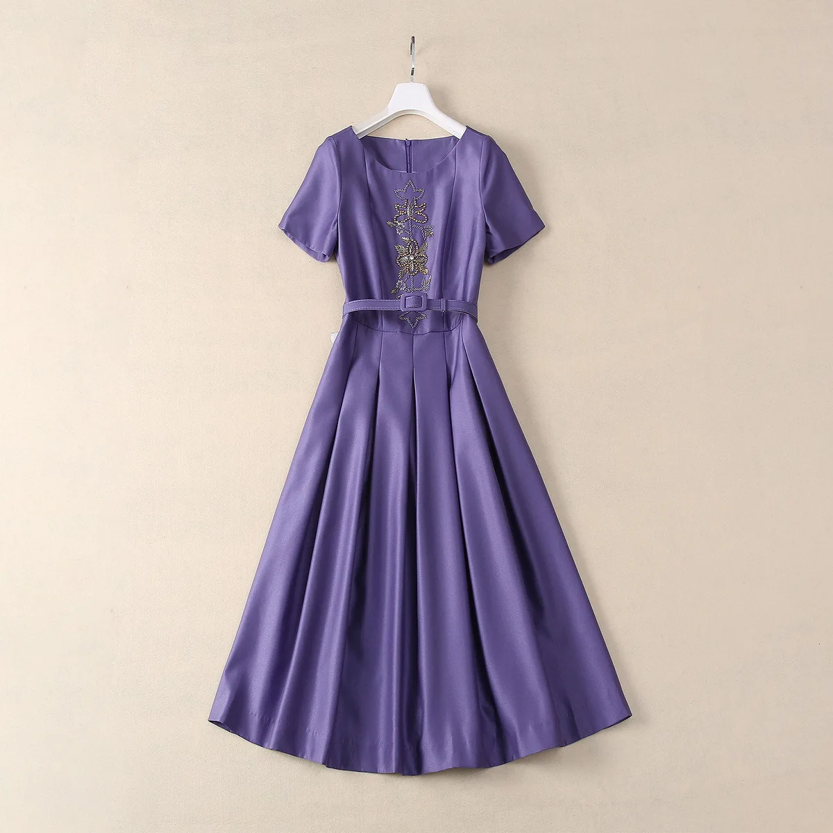 

Europe and the United States women's 2024 summer new Round neck Short sleeve studded purple belt fashion Pleated dress XXXL