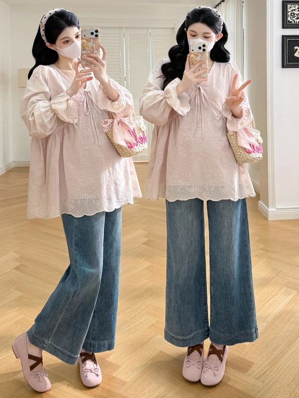 봄 디자인 감각 자수 벨트 장식 긴팔 루즈핏 큰 사이즈 인형 셔츠 임산부 셔츠 캐주얼 나일론 V넥 솔리드 컬러