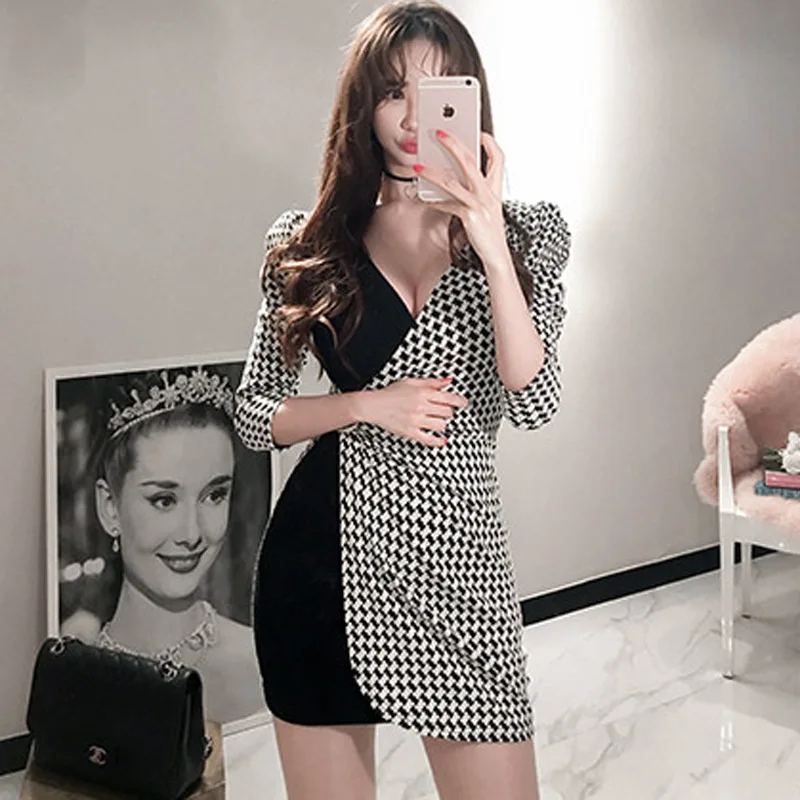 

Sexy OL Work Elegant Slim Plaid Mini Dress 2021 Pack Hip Dress Patchwork Dress Irregular Asymmetric Pencil Bodycon Party Dress
